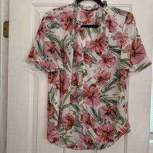 T Tahari Pink Floral V-Neck Blouse with Green Accents
